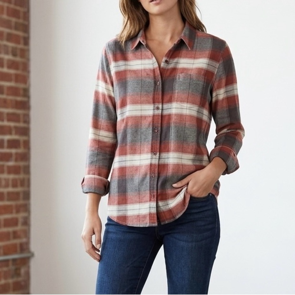 Weatherproof Plaid Button-Down Shirt in Rust, Gray & Cream